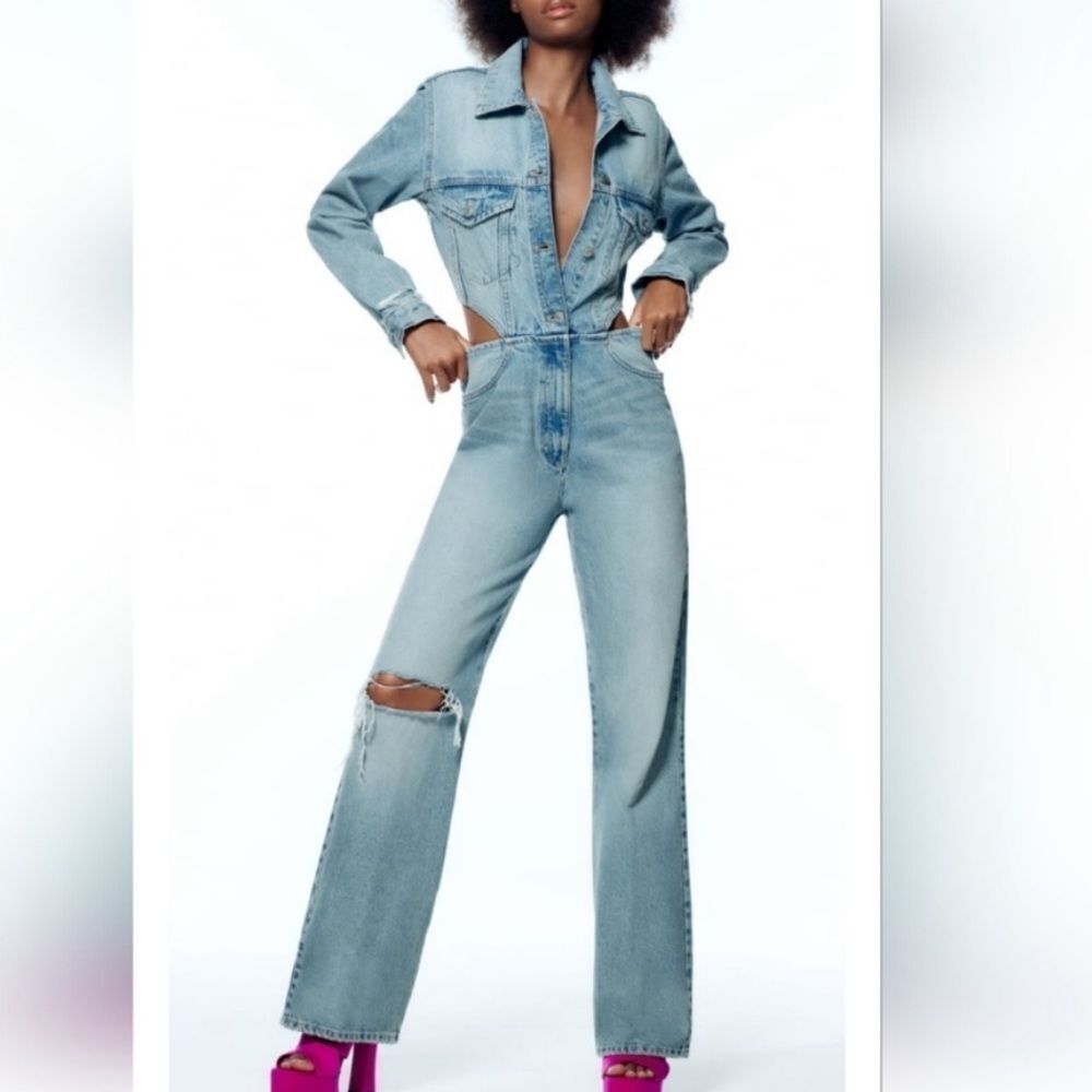 Zara Denim Jean Cut Out Long Sleeve Jumpsuit